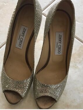 Jimmy Choo Gold Glitter Open-Toe Pumps